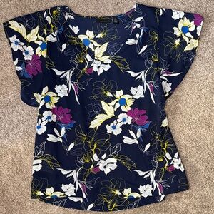 Halogen Navy Floral V-Neck Flutter-Sleeve Blouse with Yellow and Magenta Accents